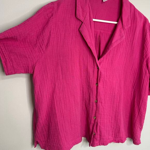 Old Navy Hot Pink Gaize 100% Cotton Button Down Short Sleeve Shirt Size Large - Picture 2 of 6